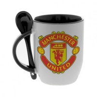 Кружка черная, с ложкой с логотипом Манчестер Юнайтед