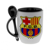Кружка черная, с ложкой с логотипом Барселона
