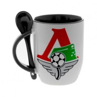 Кружка черная, с ложкой с логотипом Локомотив