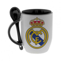 Кружка черная, с ложкой с логотипом Реал Мадрид