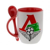 Кружка красная, с ложкой с логотипом Локомотив